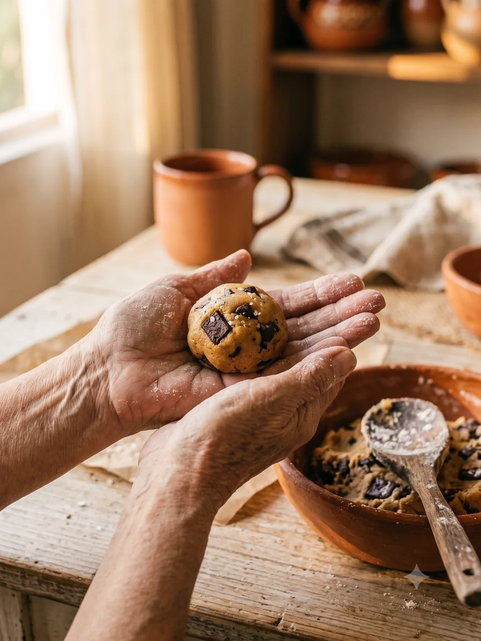 Las manos de la abuela Ivonne moldeando masa de galletas en su cocina