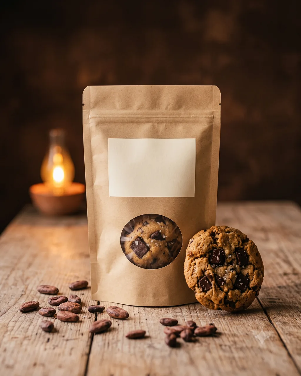 Empaque de papel kraft de Galleticas de Jesús con ventana circular mostrando la galleta